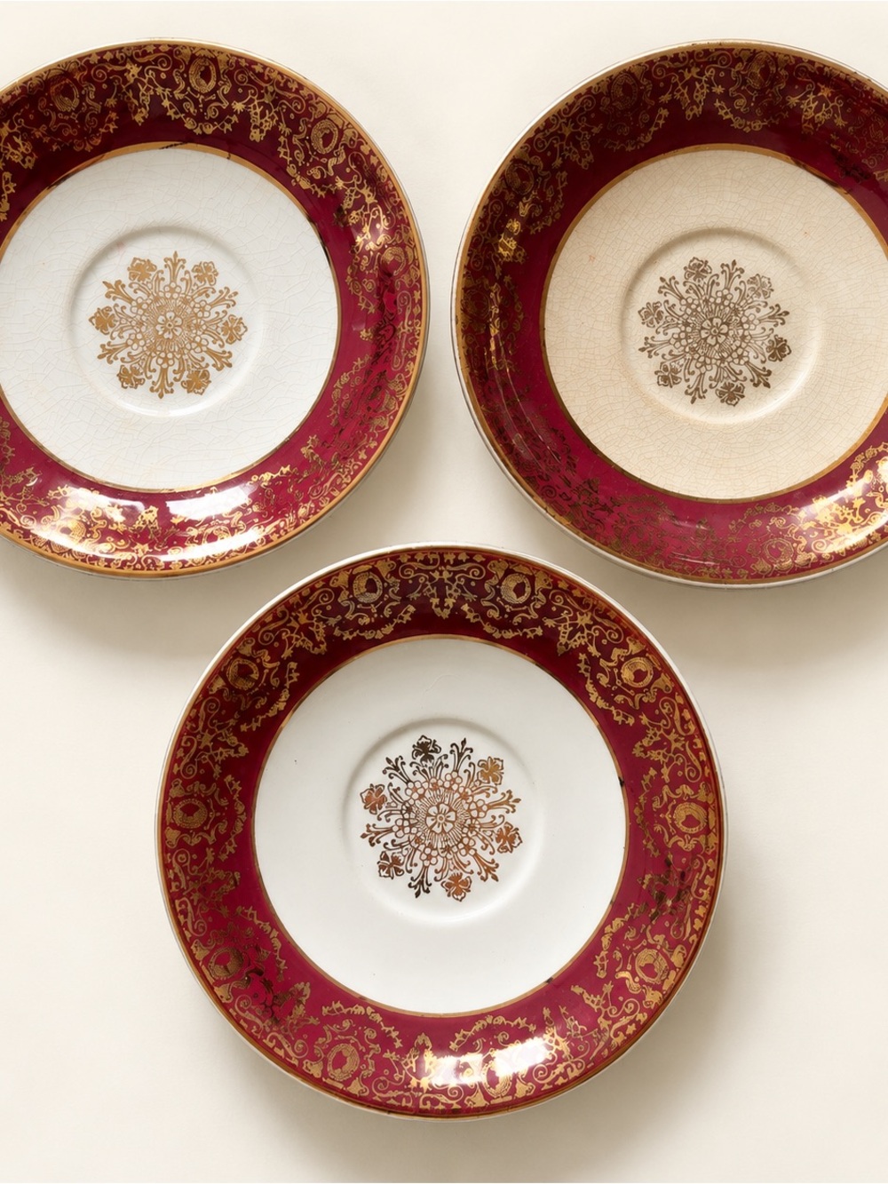 Elegant Gold-Accent Burgundy Porcelain Dinner Plates - Set of 3